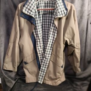 Men's Reversible Tan and Navy Jacket With Zipped In Hood.